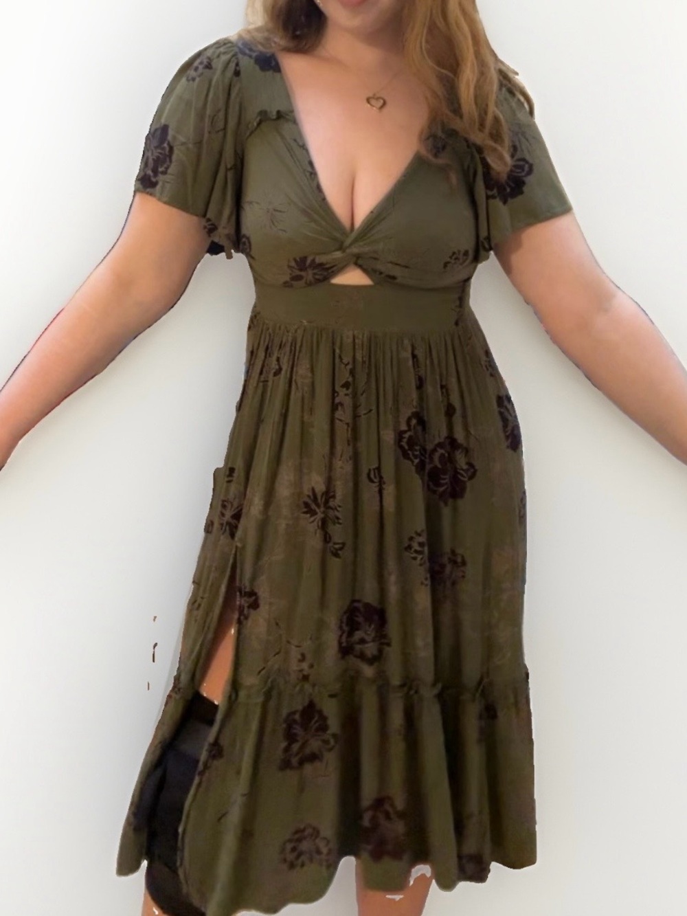 Angie Floral Twist Front Cutout V-Neck Flutter Short Sleeve Midi Dress M Boho